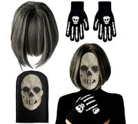 Vspek Halloween Facemask, Short Grey Wig for Women, Skeleton Gloves Glow in The Dark, Skeleton Mask Print Spandex Veil Headscarf for Halloween Cosplay Party, Costume Parties, Dress Up