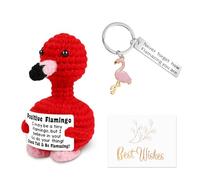 Vspek Handmade Emotion Support Flamingo Gift,Funny Crochet Cute Wool Doll with Positive Card Keychain Greeting Card Cheer Up Gag Friends Gifts Office Desk Fun Home Decor for Birthday Women Men