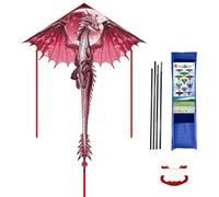 Vspek Large Big Red Dragon Kite, 170x71inch Single Line Colorful Kite with Long Tail Beginner Beach with Winding Handle and 100m Line Outdoor for Audlts Park Games Activities