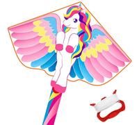 Vspek Large Unicorn Kite - Colorful Single Line Kite with Long Tail for Kids and Adults, Beginner-Friendly with Winding Handle and Line for Beach and Outdoor Activities, Light Pink