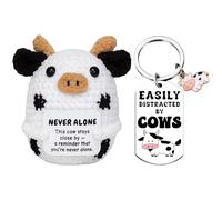 Vspek Positive Crochet Animals, Handmade Knitted Cow Doll with Inspirational Card, Cow Keychain, Birthday Halloween Christmas Emotion Support Gift for Family, Friends, Coworker, Home Office Desk Decor