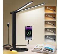 vsshe LED Desk Lamp, Dual Heads Reading Table Lamp, USB Charging Port, 5 Modes 9 Brightness Levels, Night Light Timer Memory Function, Foldable Desk Light Office Lamps for Reading, Studying, Working