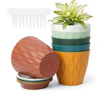 vsshe Plant Pots, 6 Pack 10cm Plastic Flower Pots with Drainage Holes and Saucers, 3D Modern Wave Texture, Modern Decorative Planter Pot, Indoor Outdoor Planters for Monstera Geranium All House Plants