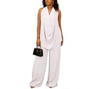 Vssjavun Women's Summer 2 Piece Outfits Cowl Neck Sleeveless Halter Tops and Wide Leg Pants Vacation Beach Matching Sets 2026, White, L
