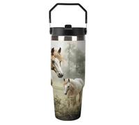 VstaDank 30oz Animals Embroidery Paintings Horses Insulated Tumblers Stainless Steel Water Bottles with Top Handle Large Capacity Car Cup Spill-Proof Travel Mug Thermal Cup Reusable Insulated Jug