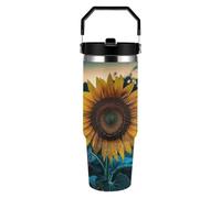 VstaDank 30oz The Most Beautiful Sunflower Water Bottle with Top Handle Stainless Steel Travel Coffee Mug Vacuum Insulated Tumbler with Leakproof Lid Double Wall Travel Mug for Outdoor Home Use