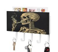 VstaDank A Skeleton with Burning Cigarette Key Holder for Wall Decorative Mail Organizer Wall Mount with 5 Hooks Easy Installation Key Rack PU Adhesive Keys Rack for Entryway Door Bathroom Kitchen