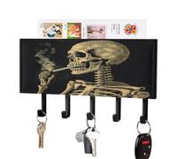 VstaDank A Skeleton with Burning Cigarette Key Holder for Wall Decorative Mail Organizer Wall Mount with 5 Hooks Easy Installation Key Rack PU Adhesive Keys Rack for Entryway Door Bathroom Kitchen