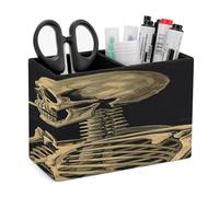 VstaDank A Skeleton with Burning Cigarette Pencil Holder for Desk Organizer 2 Compartments Pen Cup Leather Square Pen Holder Pencil Cup Stand Makeup Brush Holders for Desktop Organizer Storage Case