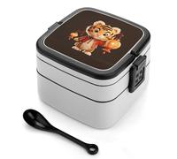 VstaDank A Tiger Holding A Lantern Double-Layer Bento Lunch Box with Spoon 1000ML Leak-Proof Lunch Box for Men And Women Lunchbox with Handle Lunch Container Reusable Lunch Container for Office