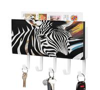 VstaDank Abstract Animal Zebra Key Holder for Wall Mount with 5 Hooks Decorative Key and Mail Holder Farmhouse Wall Hooks with Shelf PU Leather Key Rack with Mail Holders for Entryway Home