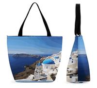 VstaDank Aesthetic Shoulder Bag Handbag with Zipper Reusable Grocery Bag | Santorini Greek Island Sea View Tote Bag for Women Large Capacity Cloth Fashion Shopping Bag for Travel Work Daily Use