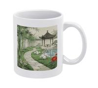 VstaDank Bamboo Paths, Pavilions And Ponds Mug 12 Oz Personalized Porcelain Coffee Mugs with Handle Funny Ceramic Coffee Cups Novelty Large Tea Cup Sublimation Mug for Tea Latte Cappuccino, White