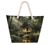 VstaDank Beach Bag for Women Hemp Rope Handle Tote Bag Casual Shopping Bag | Reusable Grocery Shopping Bag, Forest House Handbag, Large Capacity Shoulder Bag for Travel Work