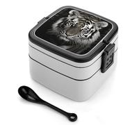 VstaDank Black And White Tiger Bento Box with Compartments Portable Lunch Containers with Spoon Leak Proof Bento Lunch Box Snap-On Design Double-Layer Insulated Lunch Boxes for Work Camping