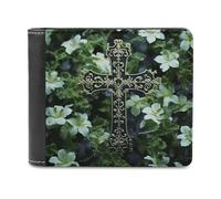 VstaDank Black Cross Among Green Flowers Wallet Mens Bifold Wallet with Multiple Card Slots PU Leather Slim Billfold Minimalist Wallets