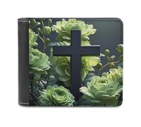 VstaDank Black Cross Among Green Flowers Wallet PU Leather Wallet Credit Card Holder Extra Capacity Bifold Wallets for Men Women Fashion Wallets