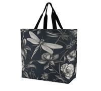 VstaDank Black Flowers And Dragonfly Grocery Bag Reusable Shopping Bag Washable Collapsible Tote Large Capacity Shopping Tote Fashion Market Shopper Bags for Supermarket Camping Traveling