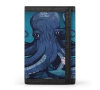 VstaDank Blue Octopus Tentacles Illustration Wallet for Men Extra Capacity Trifold Wallet Front Pocket Wallets with Magic Sticker Zipper Coin Pocket