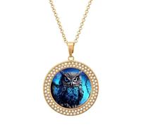VstaDank Blue Owl Pendant Necklaces for Women Personalized Alloy Pendant Multicolored Diamond Round Pendant Halo Necklace Fashion Charm Luxury Jewelry Wedding Gift, One size, Titanium Steel, alloy