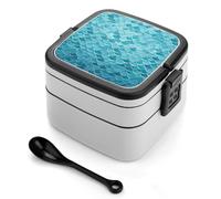 VstaDank Blue Waves Squama Mermaid Scale Bento Box with Compartments Portable Lunch Containers with Spoon Leak Proof Bento Lunch Box Snap-On Design Double-Layer Insulated Lunch Boxes for Work Camping