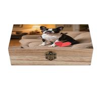 VstaDank Boston Terrier Heart Dog Wooden Storage Box Vintage Style Wooden Storage Case with A Hinged Lid Memory Treasure Boxes Decorative Jewelny Photos for Organizer 7.9 * 3.7 * 2.3 Inch