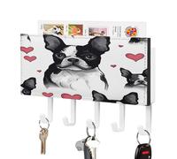 VstaDank Boston Terrier Red Heart Dog Key Holder for Wall Key Holder Wall Mount Adhesive with Mail Organizer Tray Adhesive Metal Key Rack with 5 Hooks Hanger PU Leather Key Hanger for Entryway
