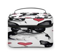 VstaDank Boston Terrier Red Heart Dog Travel Makeup Bag Large Capacity Leather Cosmetic Bag Portable Toiletry Bags With Clear Divider And Handle Cute Wide Open Shaving Bags for Grooming