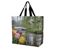 VstaDank By The Willows in The Spring Rain Reusable Grocery Bags Multipurpose Large Shopping Bags Heavy Duty Foldable Tote Bag with Handles Shoulder Bag for Work Beach Travel And Shopping Grocery
