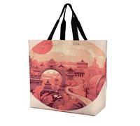 VstaDank Chinese Architectural Patterns Reusable Grocery Bags Multipurpose Large Shopping Bags Heavy Duty Foldable Tote Bag with Handles Shoulder Bag for Work Beach Travel And Shopping Grocery