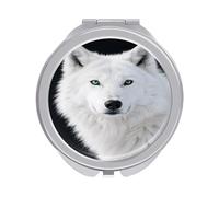 VstaDank Cool White Wolf with Green Eyes Travel Makeup Mirror 2 X /1 X Magnifying Mini Vintage Pocket Mirror for Purse Small Portable Folding Small Round Mirrors Portable Vanity Mirrors for Women