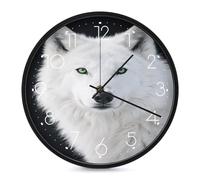 VstaDank Cool White Wolf with Green Eyes Wall Clock Battery Operated Silent Non Ticking 10 Inch Decorative Round Wall Clock Modern Fashion Classic Clock for Home Living Room Kitchen Bedroom Office