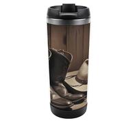 VstaDank Cowboy Black Hat Western Boots Stainless Steel Tumbler Travel Mug with Leak-proof Lid Double Wall Insulated Coffee Cup Reusable Vacuum Flask Or Water Bottle Hot & Cold Cup 380 Ml