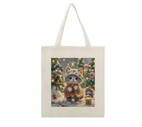 VstaDank Cute Cat Sing Christmas Carols Canvas Tote Bag with Handles Extremely Sturdy Reusable Shopping Bag Lightweight Foldable Cotton Cloth Grocery Bags Magic Aesthetic Tote Bag for Women Travel