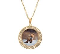 VstaDank Cute Fox Necklaces Personalized Photo Round Pendant Necklace Elegant Diamond Necklaces Alloy Coin Pendant Fashion Jewelry Pendant Dainty Necklaces for Women, One Size, Metal, No Gemstone