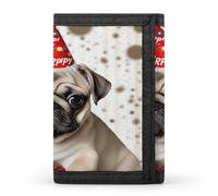 VstaDank Cute Happy Birthday Pug Puppy Wallet for Men Extra Capacity Trifold Wallet Front Pocket Wallets with Magic Sticker Zipper Coin Pocket