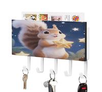 VstaDank Cute Squirrel Star Key Holder Wall Mount with 5 Key Hooks Hangers for Wall Decorative PU Mail Rack Organizer with Shelf Wall Mounted Key Rack with Hooks for Entryway