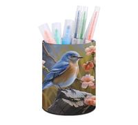 VstaDank Eastern Bluebird Pen Holder PU Leather Pencil Cup Minimalist Desk Pencil Holder Round Make Up Brush Organizers For Office Dorm Room&Vanity Desk Accessories