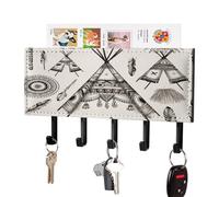 VstaDank Feather Head Band Teepee Tent Key Holder for Wall Decorative Mail Organizer Wall Mount with 5 Hooks Easy Installation Key Rack PU Adhesive Keys Rack for Entryway Door Bathroom Kitchen