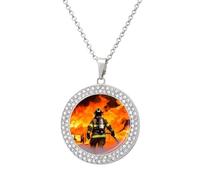 VstaDank Firefighter Fireman Flame Necklaces Personalized Photo Round Pendant Necklace Elegant Diamond Necklaces Alloy Coin Pendant Fashion Jewelry Pendant Dainty Necklaces for Women, One Size, Metal