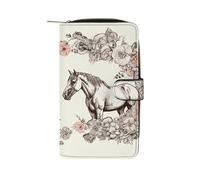VstaDank Flowers And Horses Hand Drawn Wallet for Women Men Large Capacity Credit Card Holder,Multiple Card Slots Cute Clutch Wallet with Zip Slim PU Leather Long Wallets Bifold Travel Wallets