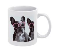 VstaDank French Bulldog Pink Glasses Mugs Fashion White Mug with Handle Premium Ceramic Coffee Mug Personalized Sublimation Mugs Modern Tea Cup Large Coffee Cups Home Office Use& Gift