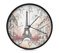 VstaDank French Paris Tour Eiffel Tower Wall Clock Battery Operated Silent Non Ticking 10 Inch Decorative Round Wall Clock Modern Fashion Classic Clock for Home Living Room Kitchen Bedroom Office