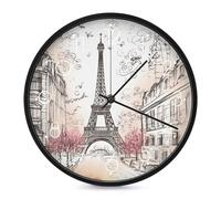 VstaDank French Paris Tour Eiffel Tower Wall Clock Battery Operated Silent Non Ticking 10 Inch Decorative Round Wall Clock Modern Fashion Classic Clock for Home Living Room Kitchen Bedroom Office