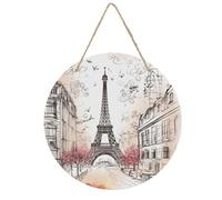 VstaDank French Paris Tour Eiffel Tower Wall Decor Round Wood Hanging Sign 7.9x7.9 in Wooden Circle Door Hanger with Ropes, Rustic Wall Art Decor for Home Front Door Indoor Outdoor Decoration