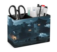 VstaDank Ghost Castle Pencil Holder for Desk Organizer 2 Compartments Pen Cup Leather Square Pen Holder Pencil Cup Stand Makeup Brush Holders for Desktop Organizer Storage Case