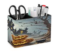 VstaDank Ghost Pumpkin Castle Pencil Holder for Desk Organizer 2 Compartments Pen Cup Leather Square Pen Holder Pencil Cup Stand Makeup Brush Holders for Desktop Organizer Storage Case