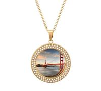 VstaDank Golden Gate Bridge Necklaces Personalized Photo Round Pendant Necklace Elegant Diamond Necklaces Alloy Coin Pendant Fashion Jewelry Pendant Dainty Necklaces for Women, One Size, Metal, No