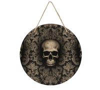 VstaDank Gothic Wallpaper Skull Wall Decor Round Wood Hanging Sign 7.9x7.9 in Wooden Circle Door Hanger with Ropes, Rustic Wall Art Decor for Home Front Door Indoor Outdoor Decoration