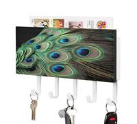 VstaDank Green Peacock Feather Key Holder Wall Mount Key Hanger Decor PU Leather Adhesive Key Rack with 5 Hooks Hanging Key Hooks Key Organizer Rack for Hallway Door Entryway Home Decor